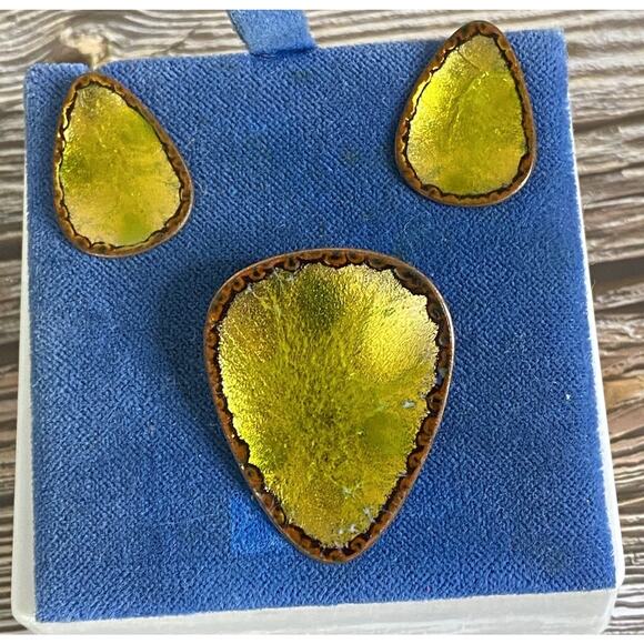 Vintage RARE Hogan Bolas Matching Copper Yellow Enamel Brooch And Earring Set - Picture 1 of 8